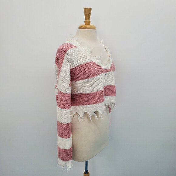Womens L Striped Distressed Cropped Sweater Pink White Long Sleeve Grunge Y2K - Picture 3 of 16